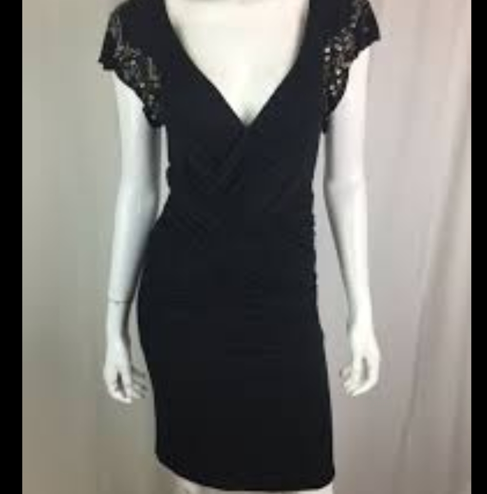 ❤️Free People black ruched dress with sequin design on arms ! Gorgeous!